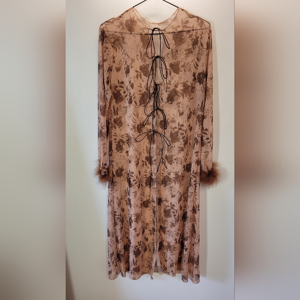 SHEIN Floral Lace-Up Feathered Cream And Brown Cardigan - L